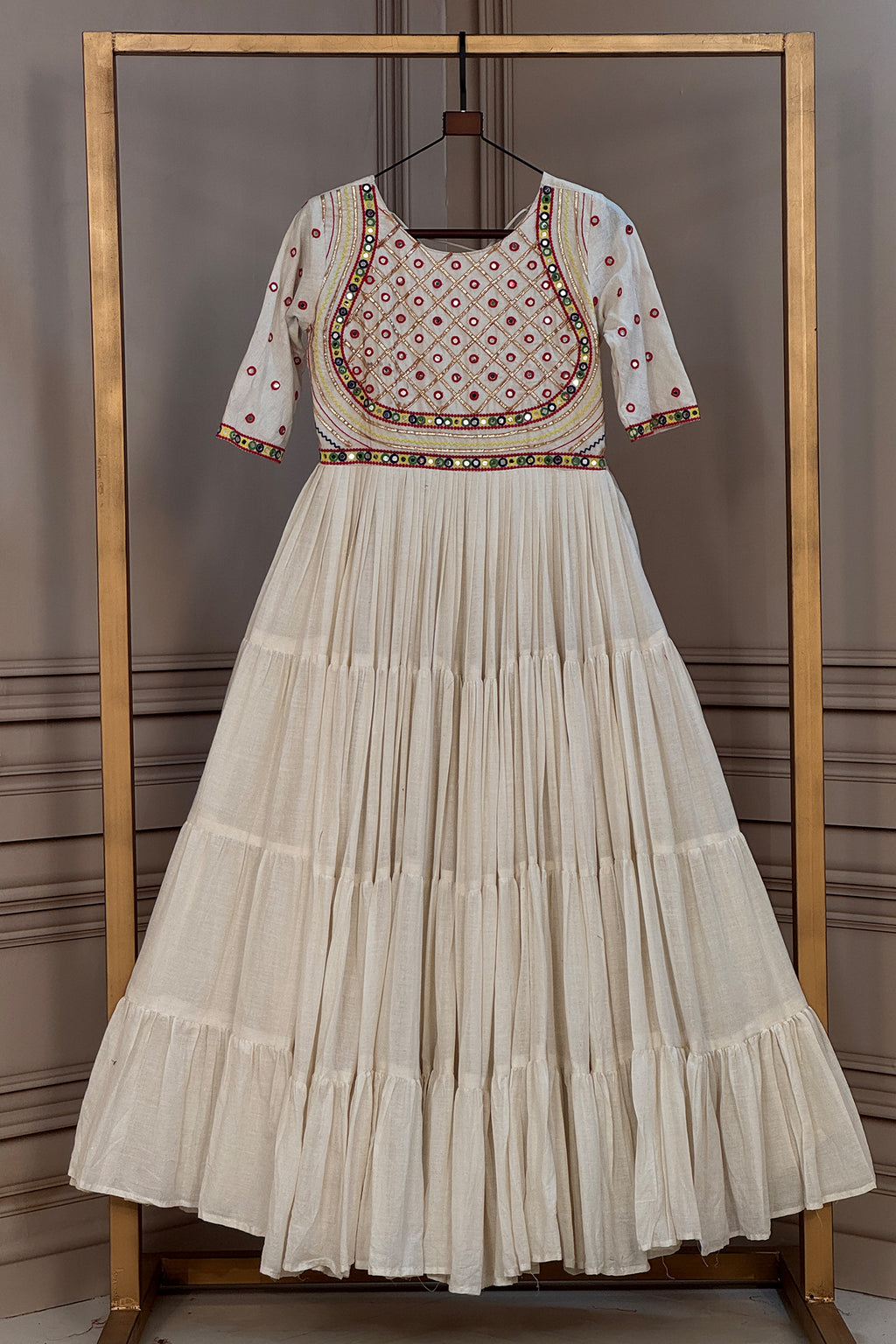 Pearl White Cotton Mirror and Gota Lace Anarkali Kurti