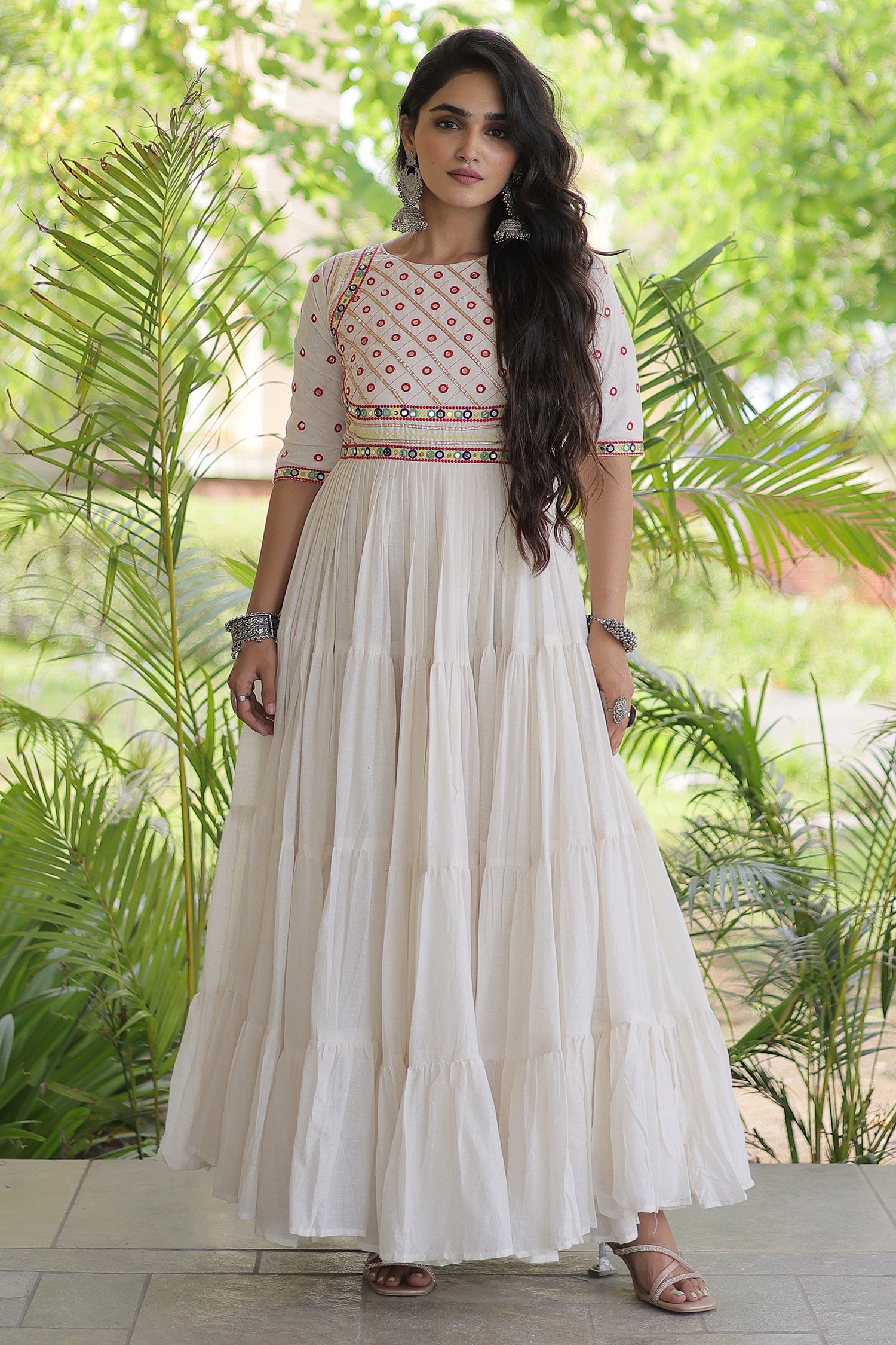 Pearl White Cotton Mirror and Gota Lace Anarkali Kurti