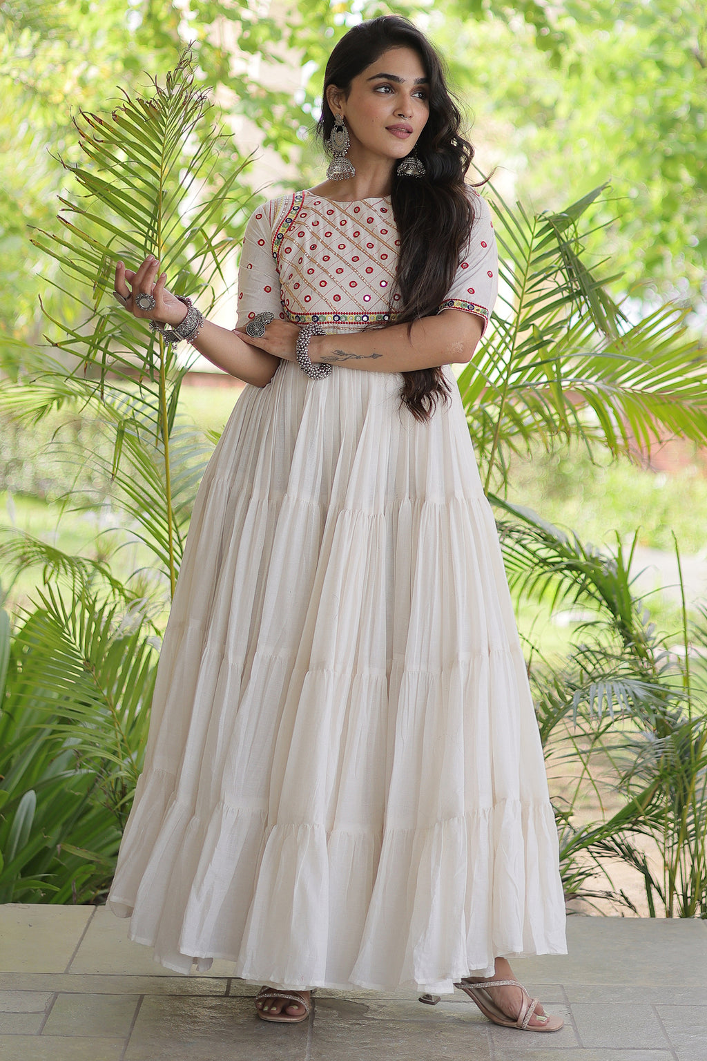 Pearl White Cotton Mirror and Gota Lace Anarkali Kurti