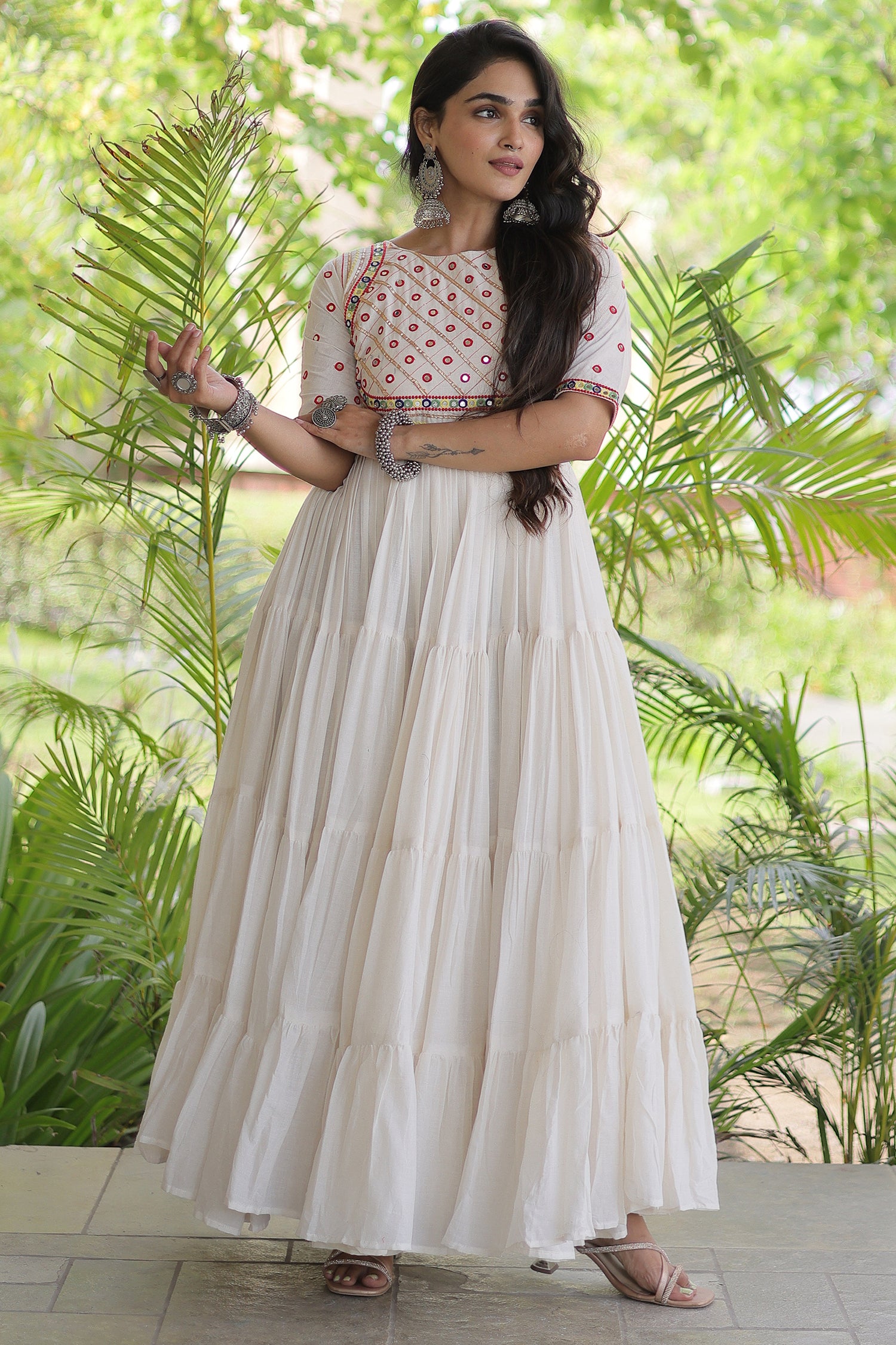 Pearl White Cotton Mirror and Gota Lace Anarkali Kurti