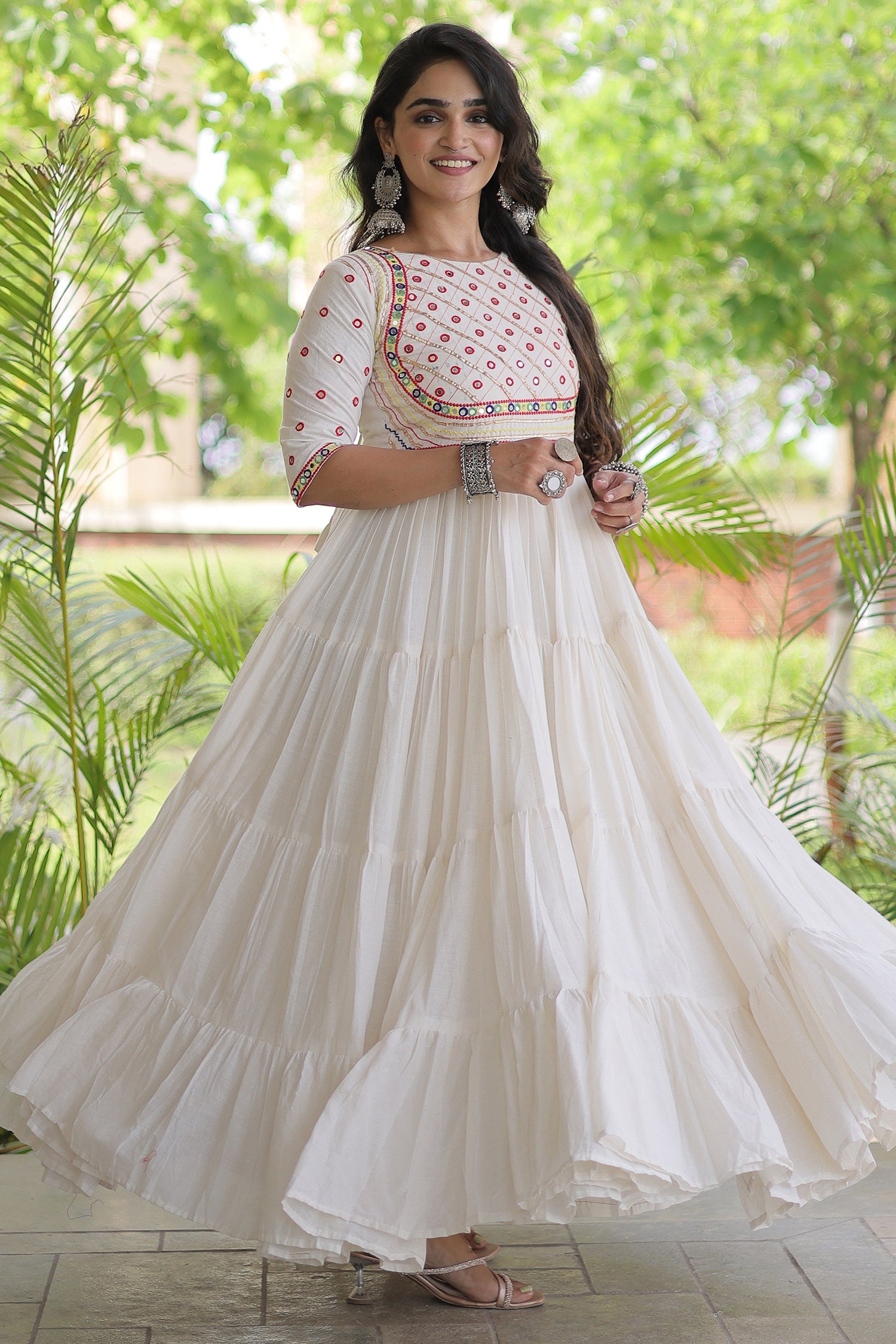 Pearl White Cotton Mirror and Gota Lace Anarkali Kurti