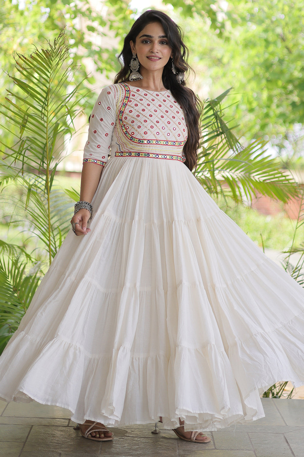 Pearl White Cotton Mirror and Gota Lace Anarkali Kurti