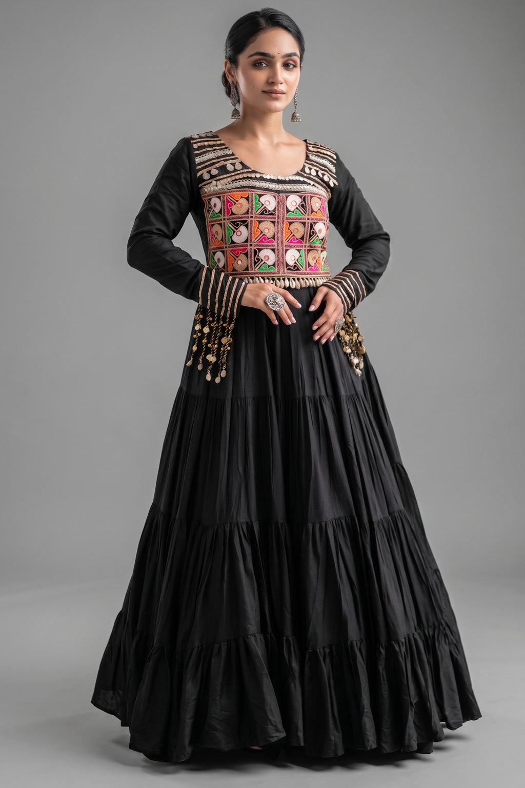 Black Rayon Kachchi Mirror Worked Anarkali Kurti