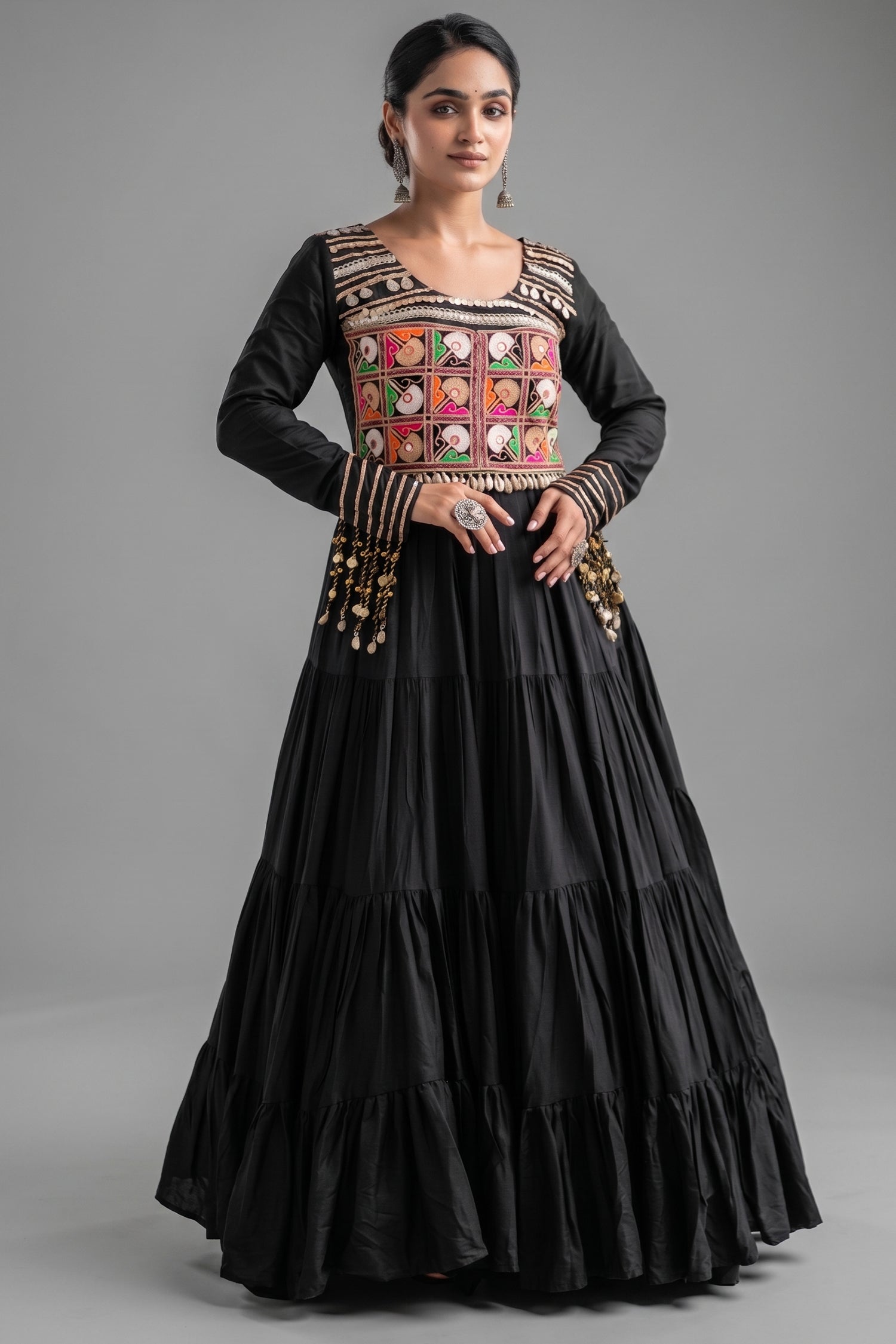 Black Rayon Kachchi Mirror Worked Anarkali Kurti