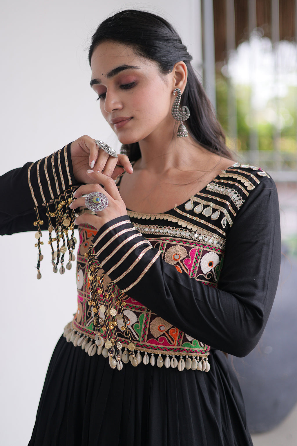 Black Rayon Kachchi Mirror Worked Anarkali Kurti