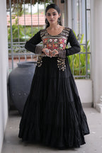 Black Rayon Kachchi Mirror Worked Anarkali Kurti