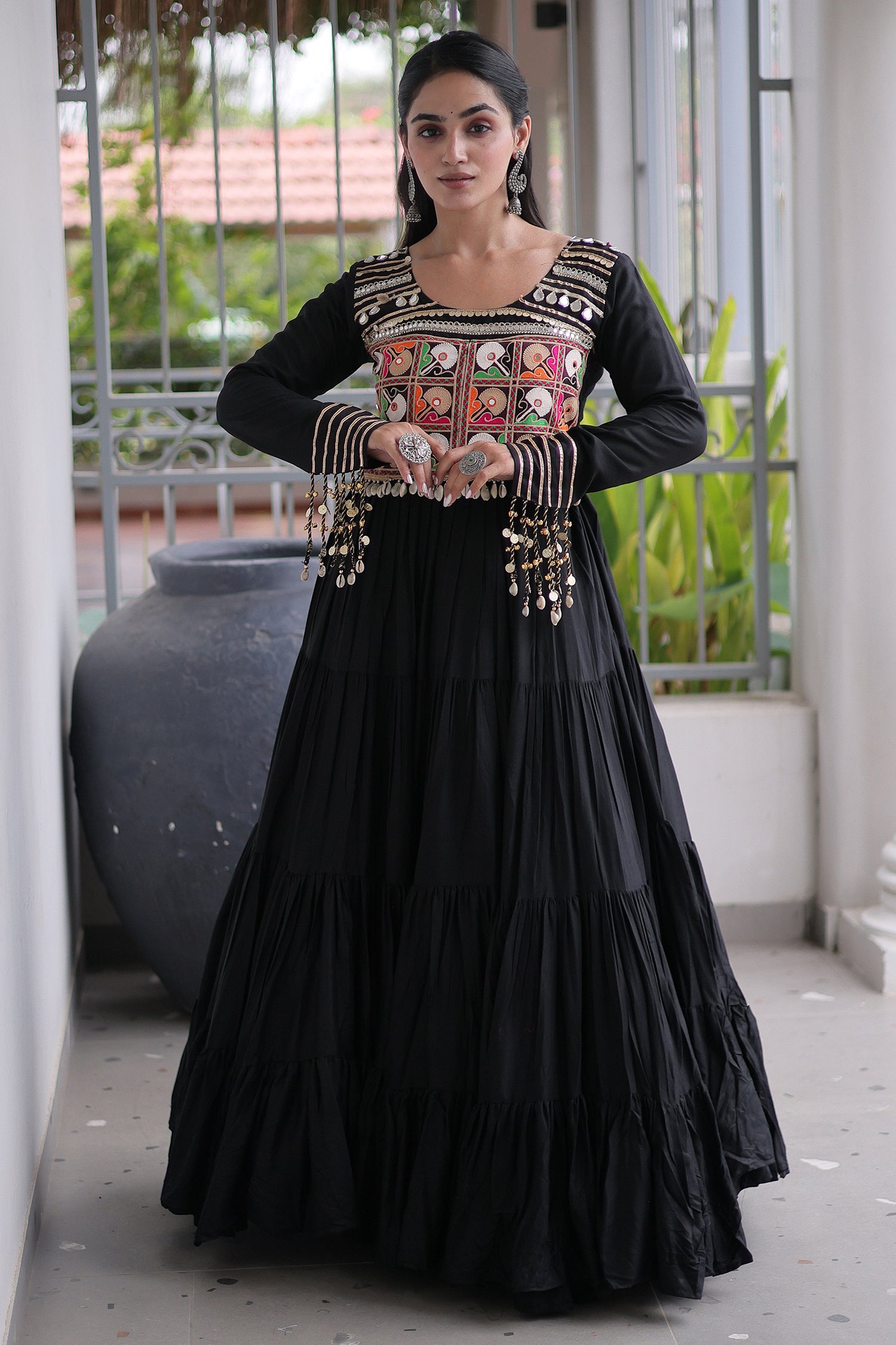 Black Rayon Kachchi Mirror Worked Anarkali Kurti