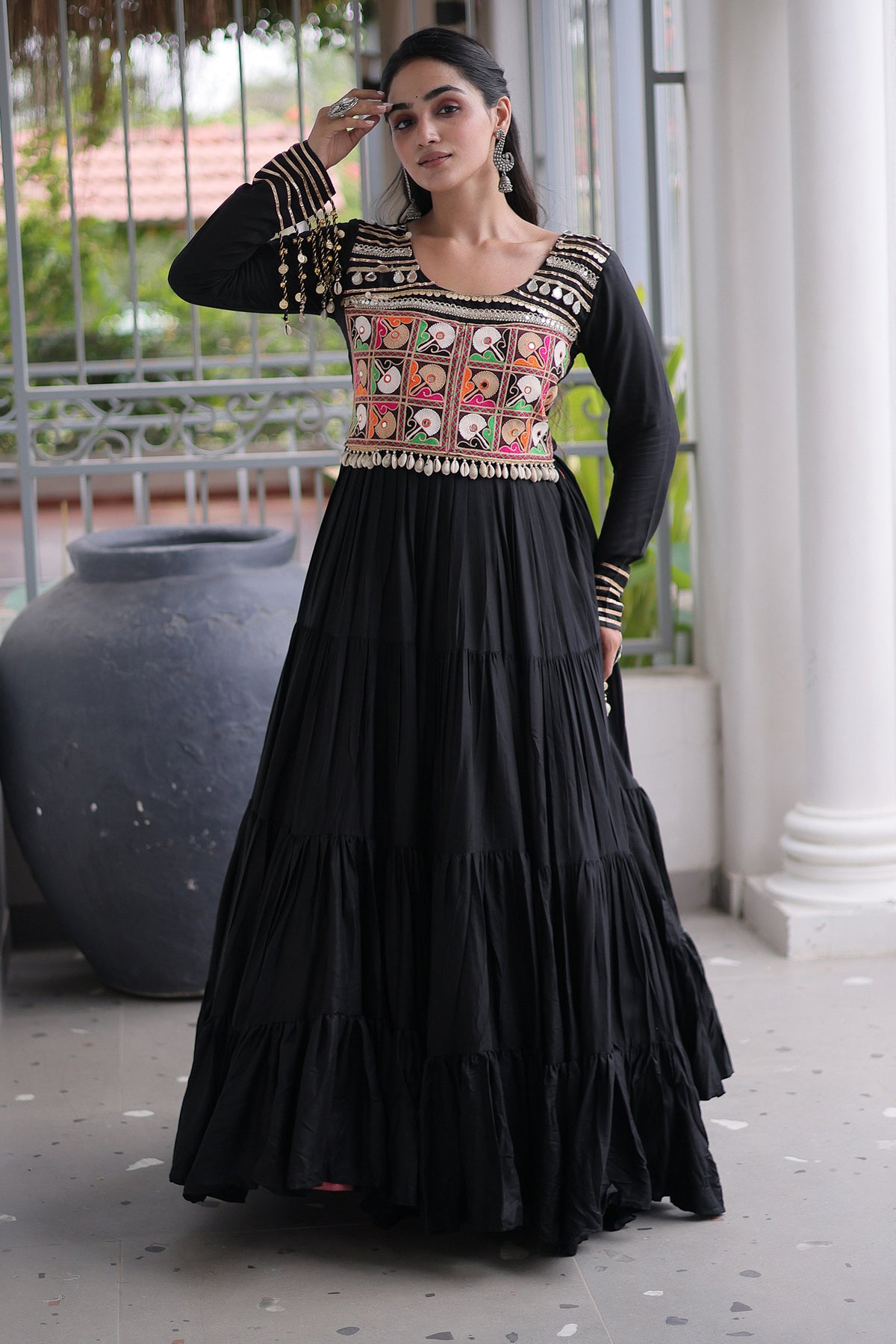 Black Rayon Kachchi Mirror Worked Anarkali Kurti