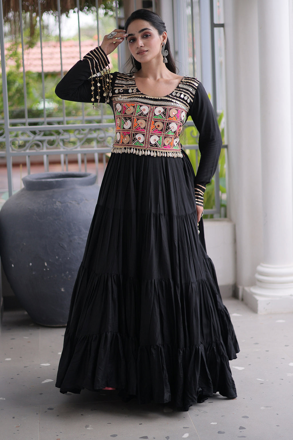 Black Rayon Kachchi Mirror Worked Anarkali Kurti