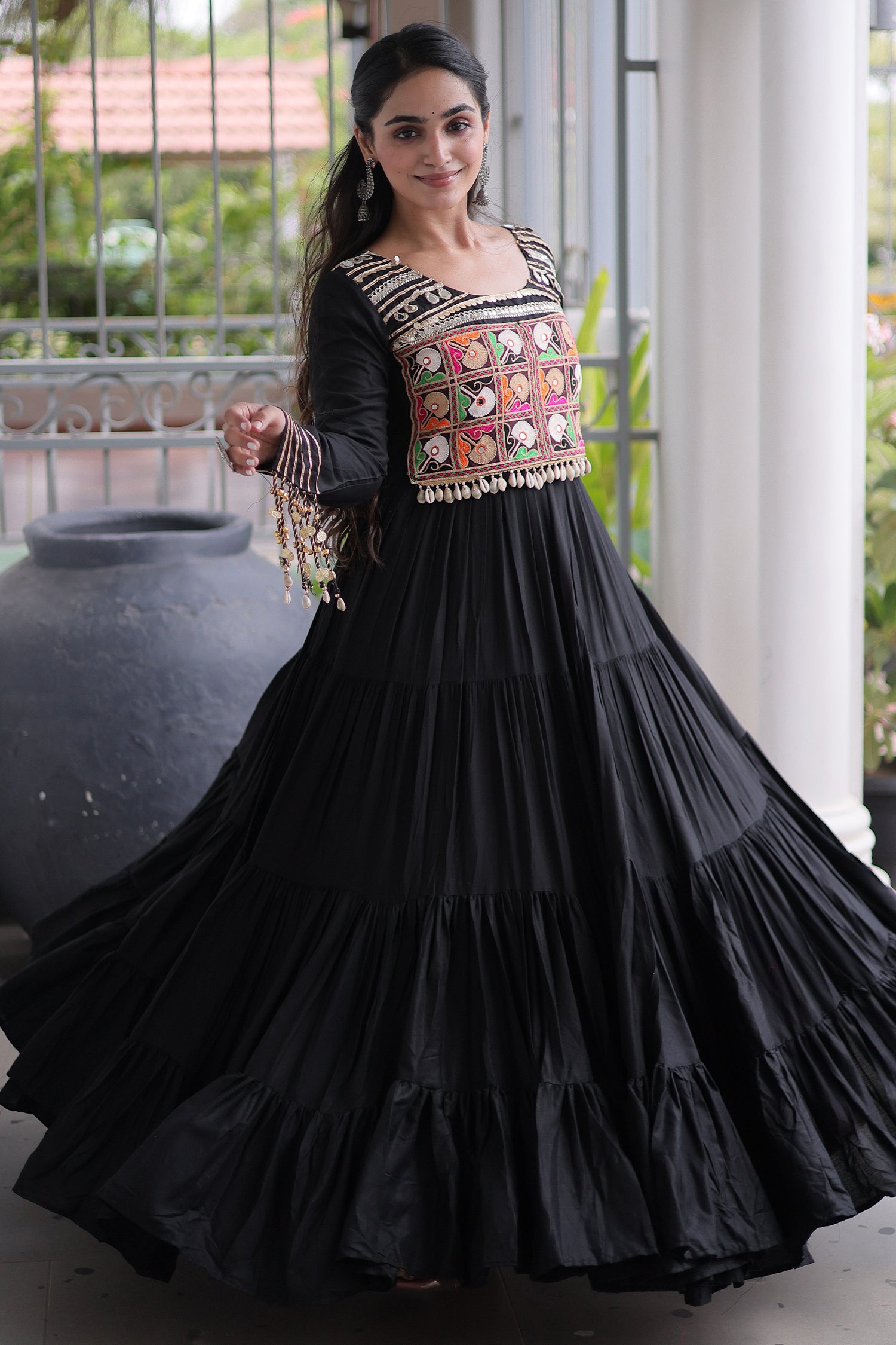 Black Rayon Kachchi Mirror Worked Anarkali Kurti