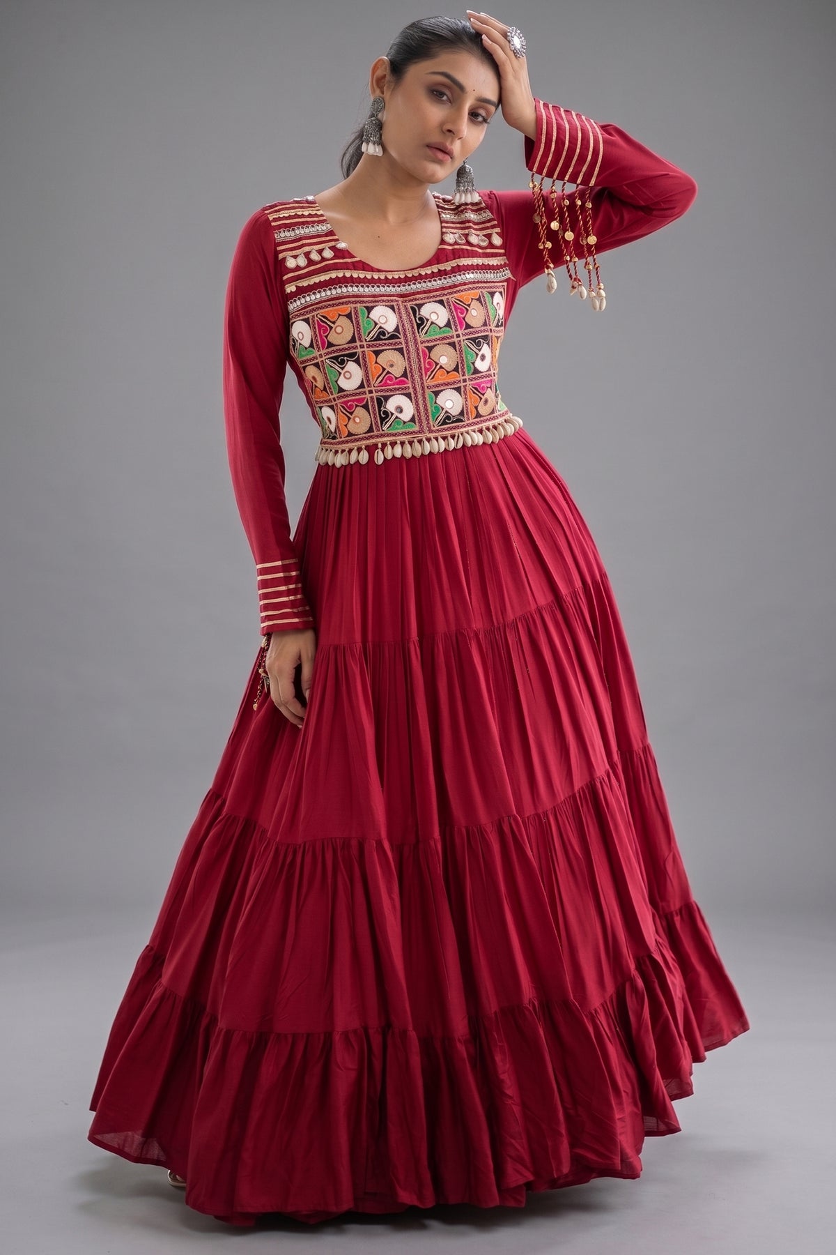 Maroon Rayon Kachchi Mirror Worked Anarkali Kurti Main image