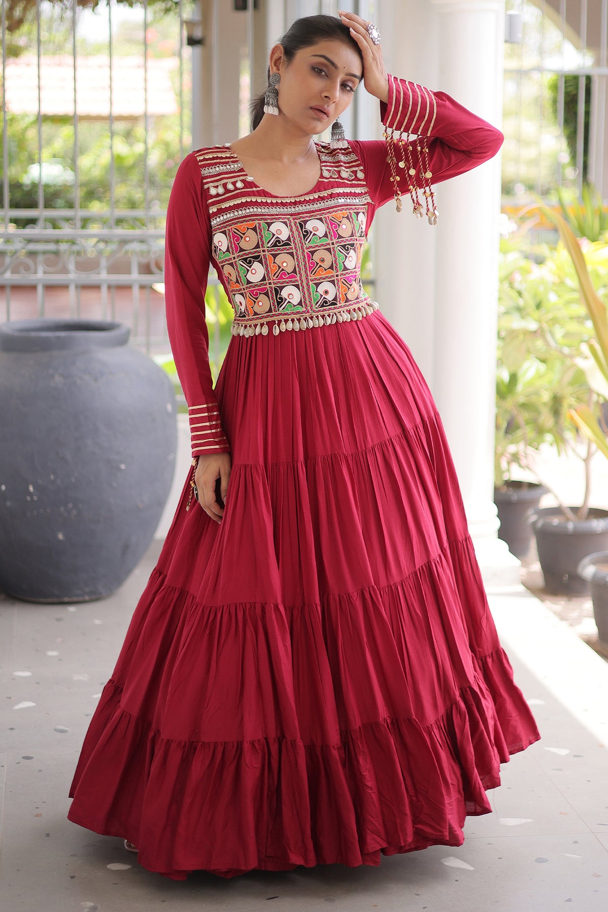 Maroon Rayon Kachchi Mirror Worked Anarkali Kurti