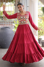 Maroon Rayon Kachchi Mirror Worked Anarkali Kurti