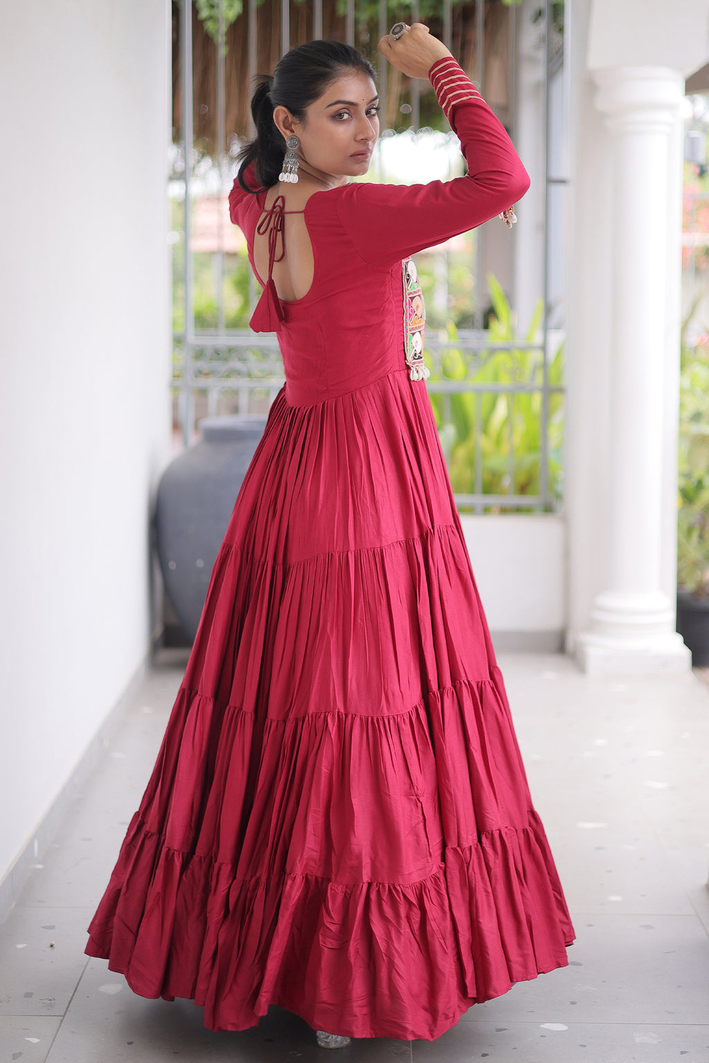 Maroon Rayon Kachchi Mirror Worked Anarkali Kurti