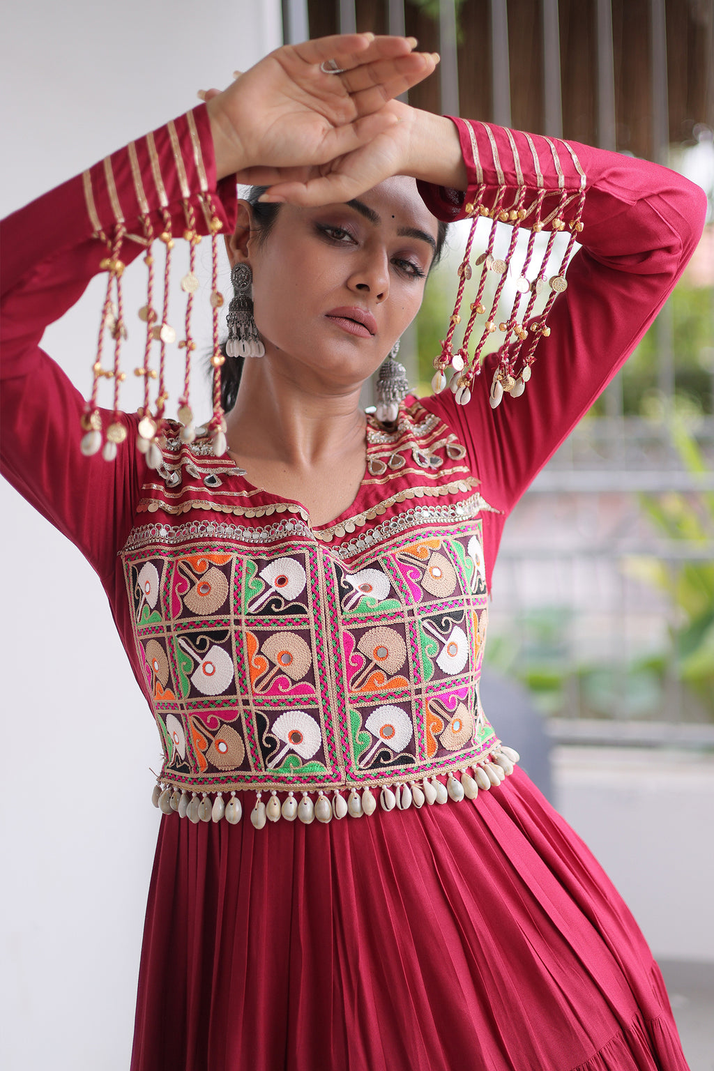Maroon Rayon Kachchi Mirror Worked Anarkali Kurti