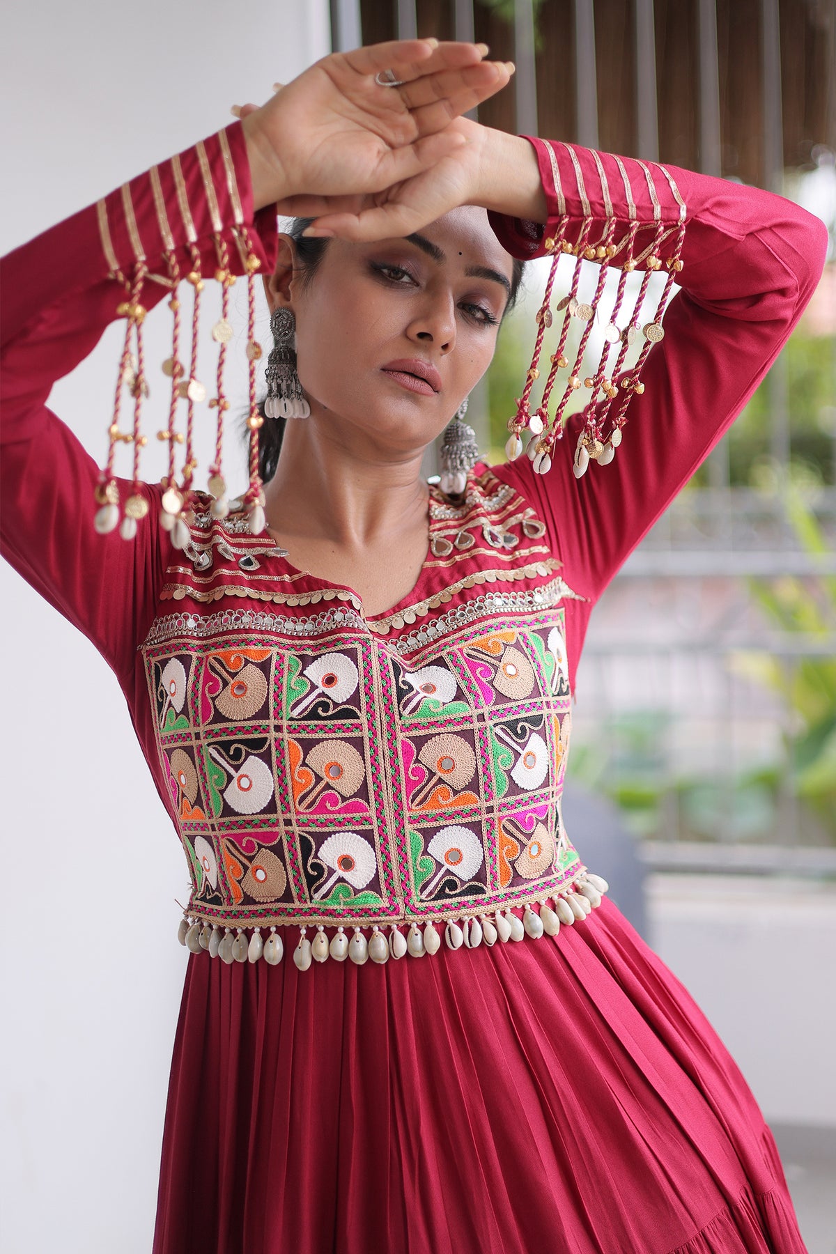 Maroon Rayon Kachchi Mirror Worked Anarkali Kurti