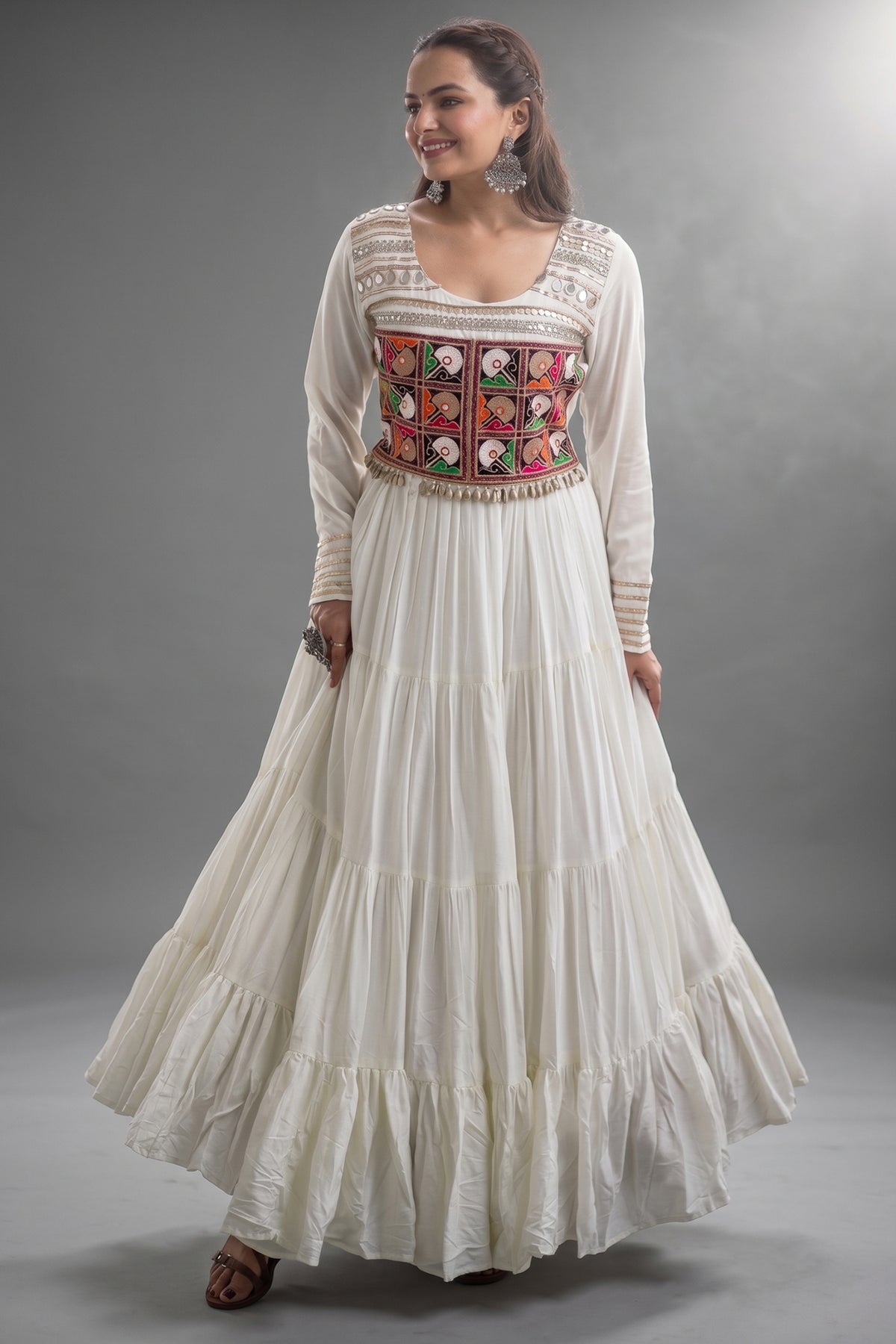 Pearl White Rayon Kachchi Mirror Worked Anarkali Kurti Main image