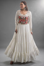 Pearl White Rayon Kachchi Mirror Worked Anarkali Kurti