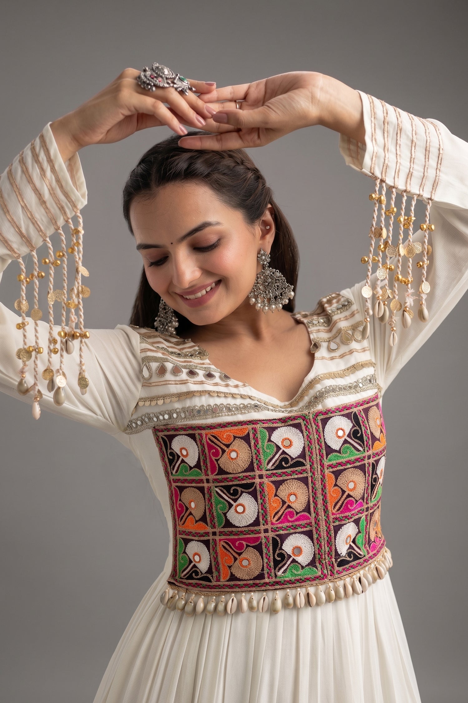Pearl White Rayon Kachchi Mirror Worked Anarkali Kurti Secondary image