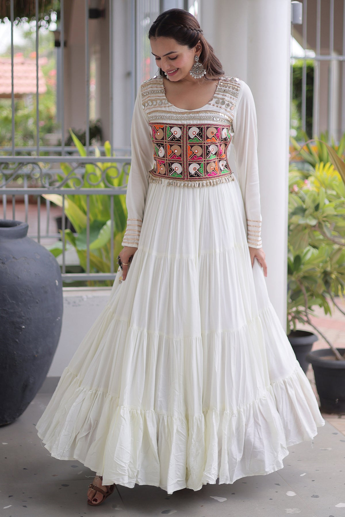 Pearl White Rayon Kachchi Mirror Worked Anarkali Kurti