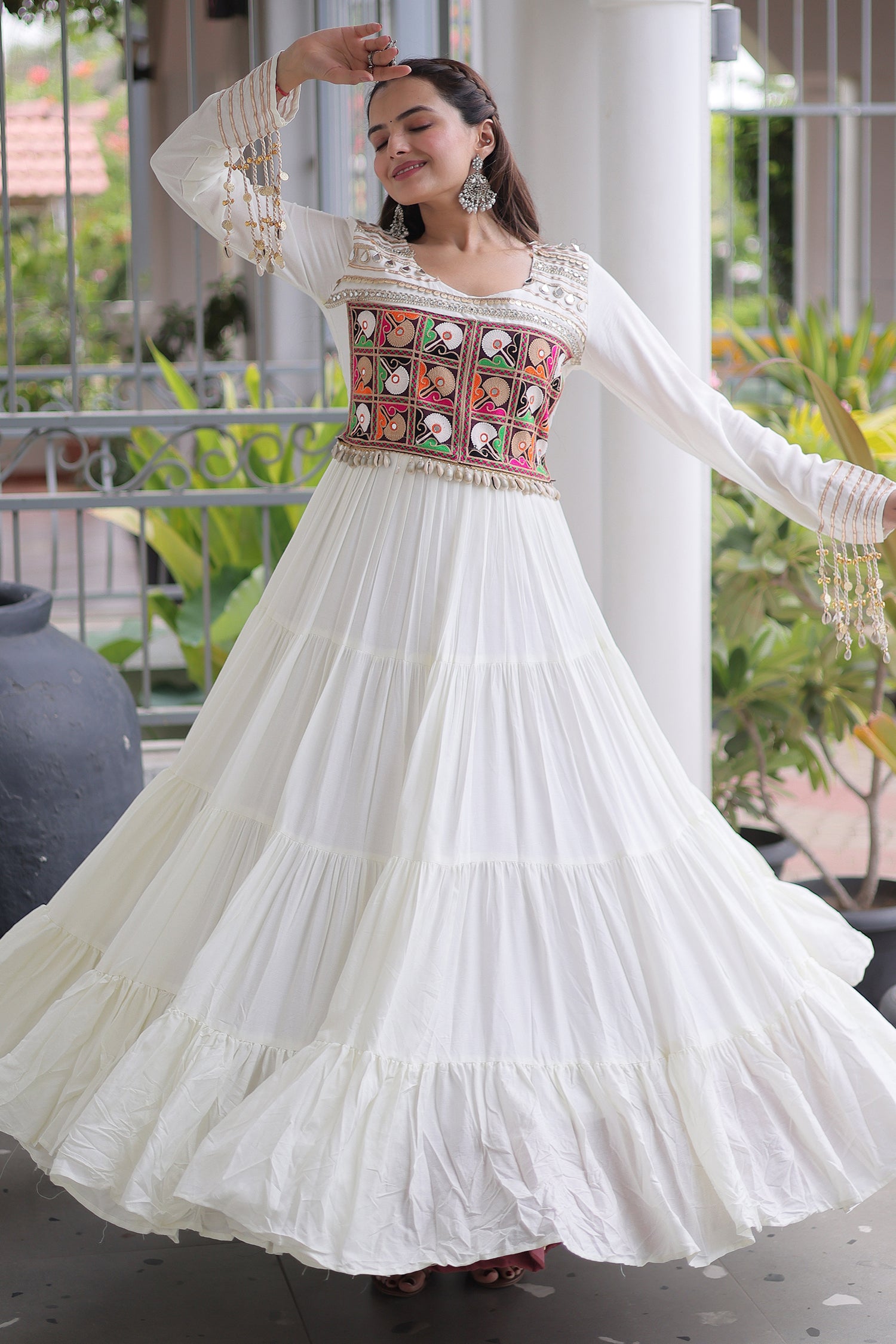 Pearl White Rayon Kachchi Mirror Worked Anarkali Kurti