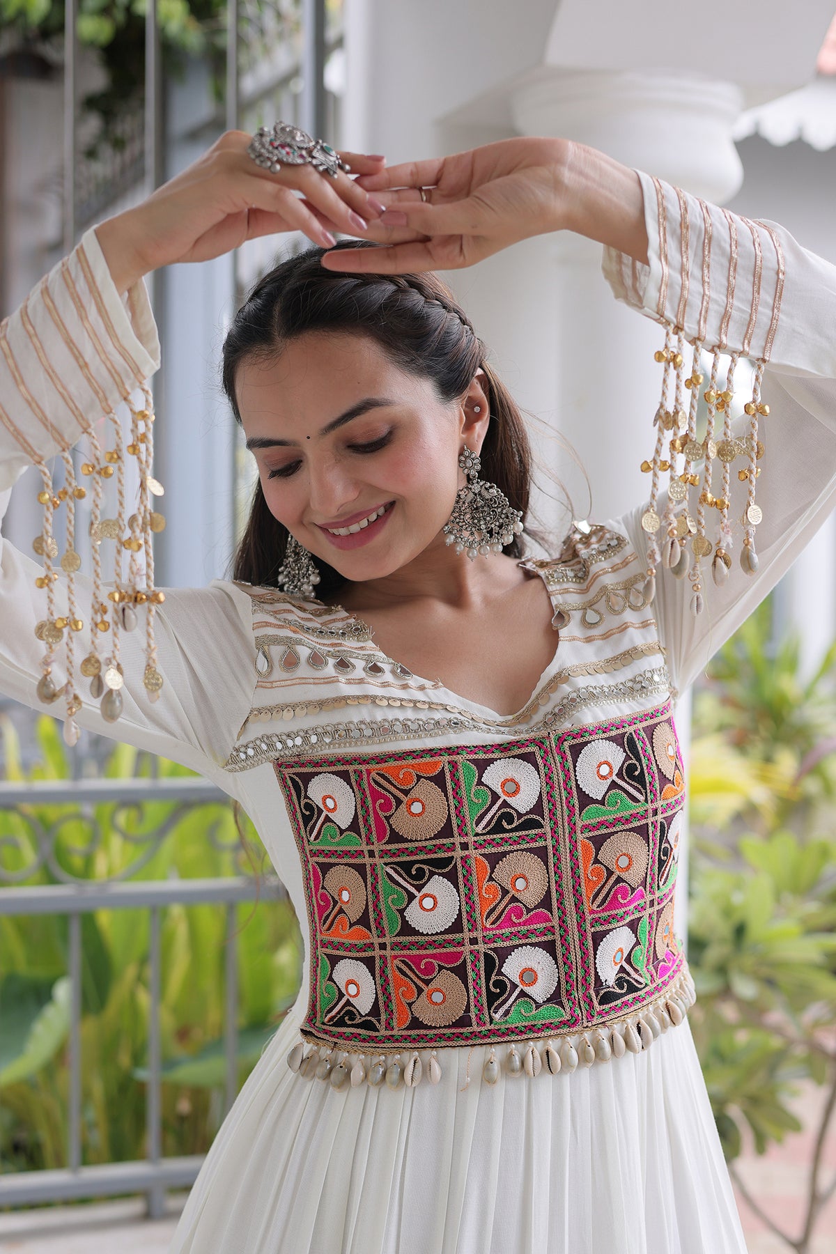 Pearl White Rayon Kachchi Mirror Worked Anarkali Kurti