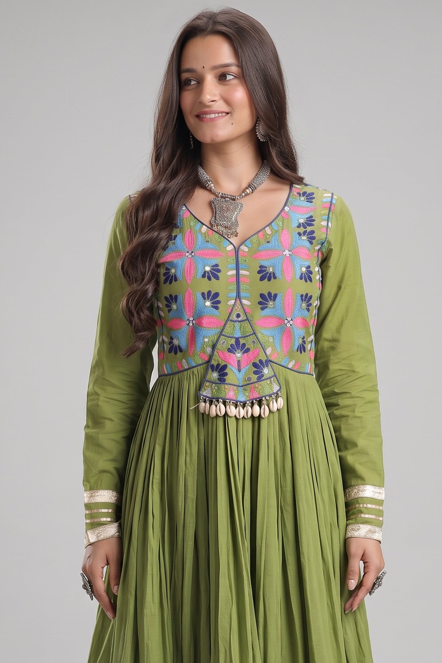Green Cotton Embroidered Anarkali Flared Kurti Secondary image