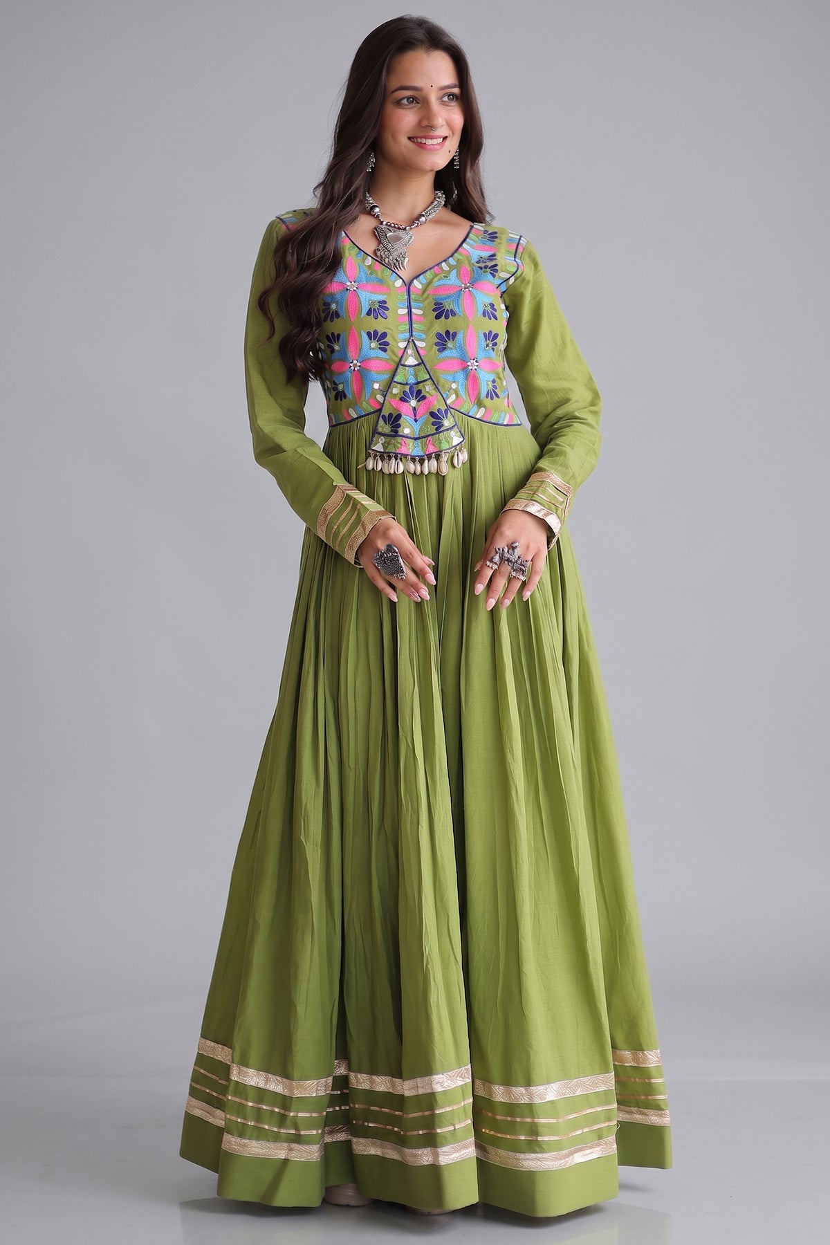Green Cotton Embroidered Anarkali Flared Kurti Main image