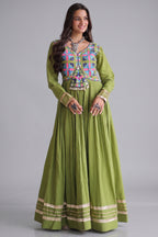 Green Cotton Embroidered Anarkali Flared Kurti
