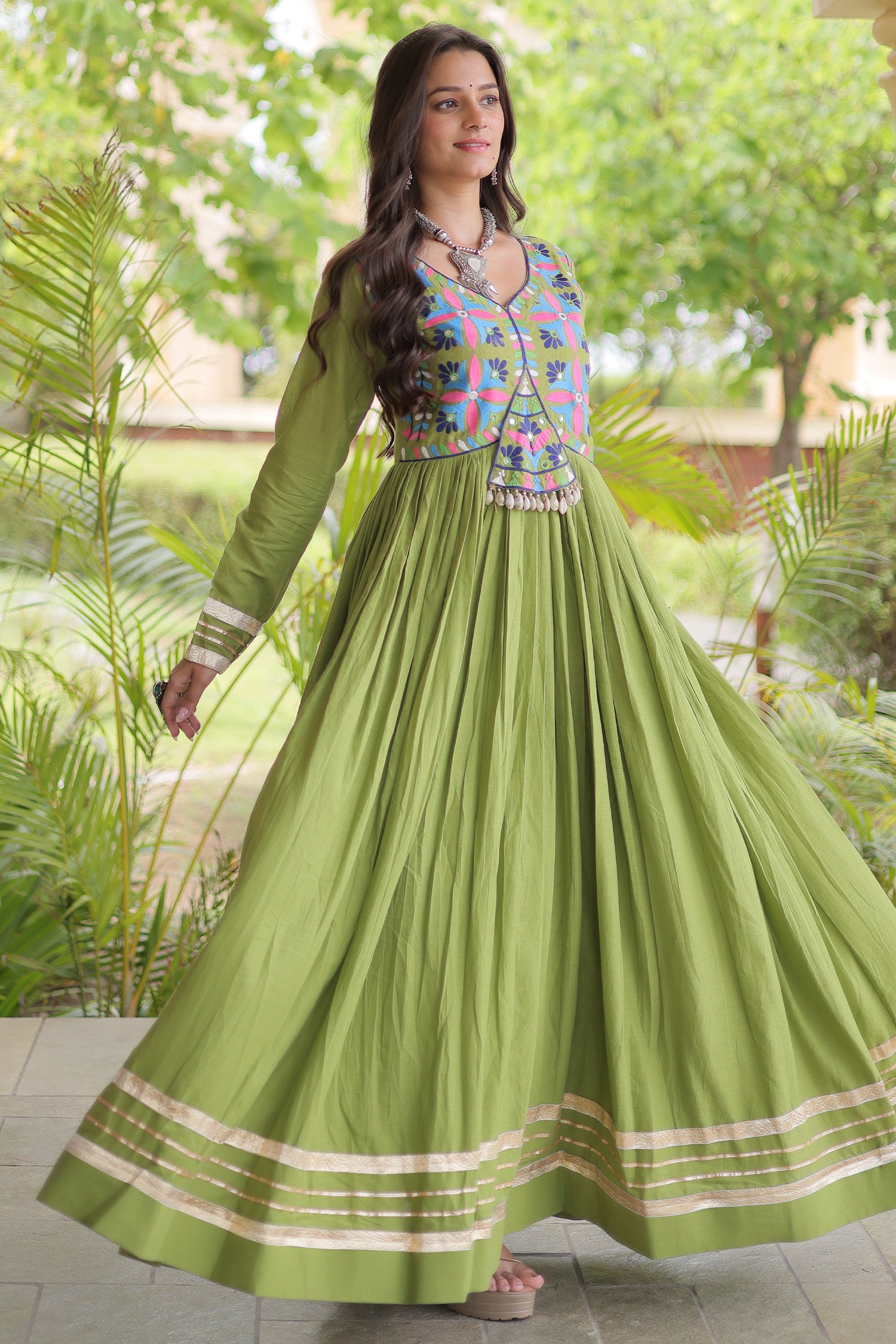 Green Cotton Embroidered Anarkali Flared Kurti