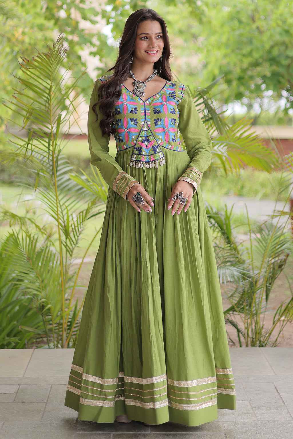 Green Cotton Embroidered Anarkali Flared Kurti