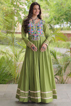 Green Cotton Embroidered Anarkali Flared Kurti