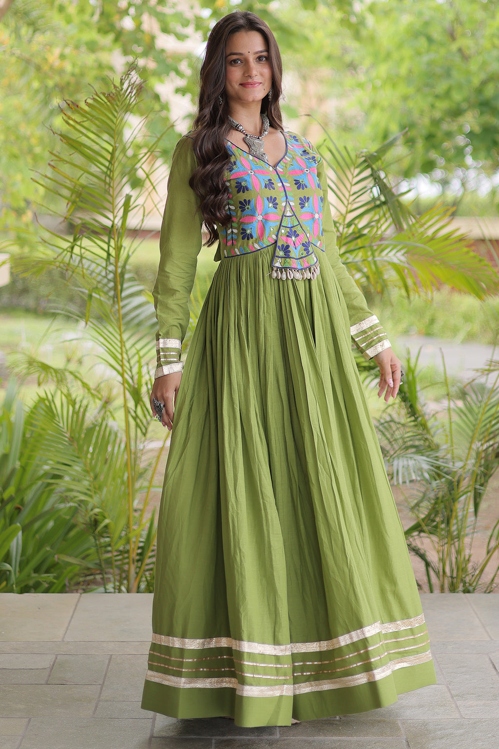 Green Cotton Embroidered Anarkali Flared Kurti