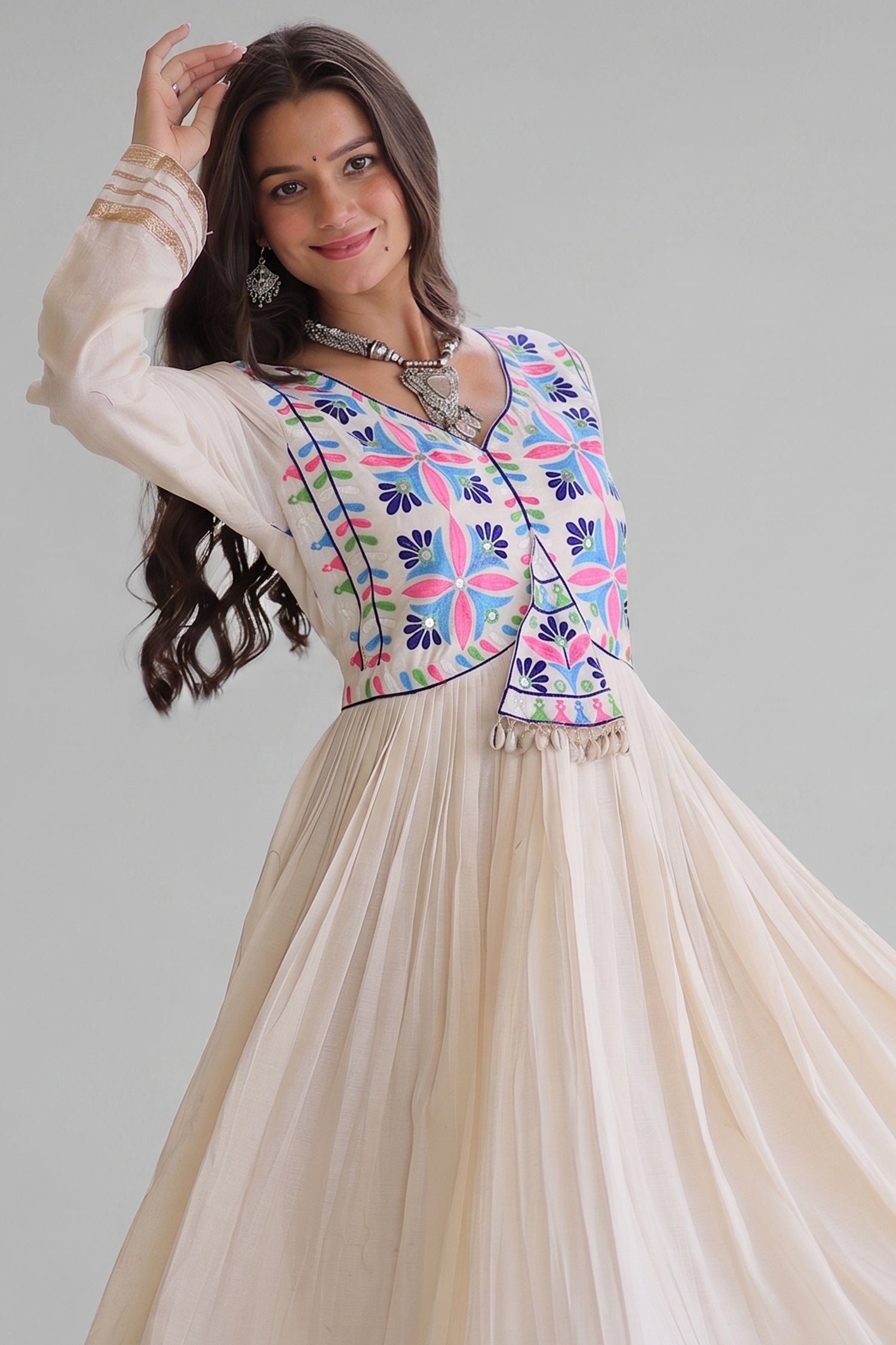 White Cotton Embroidered Anarkali Flared Kurti Secondary image