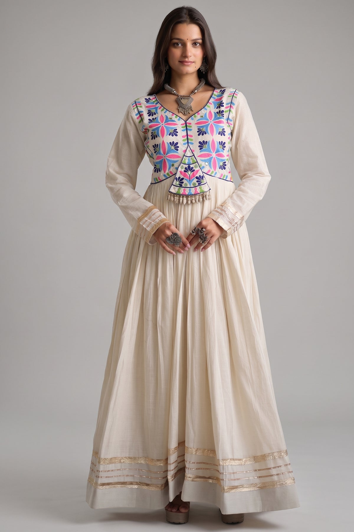 White Cotton Embroidered Anarkali Flared Kurti Main image