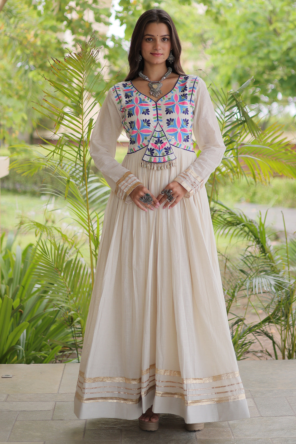 White Cotton Embroidered Anarkali Flared Kurti