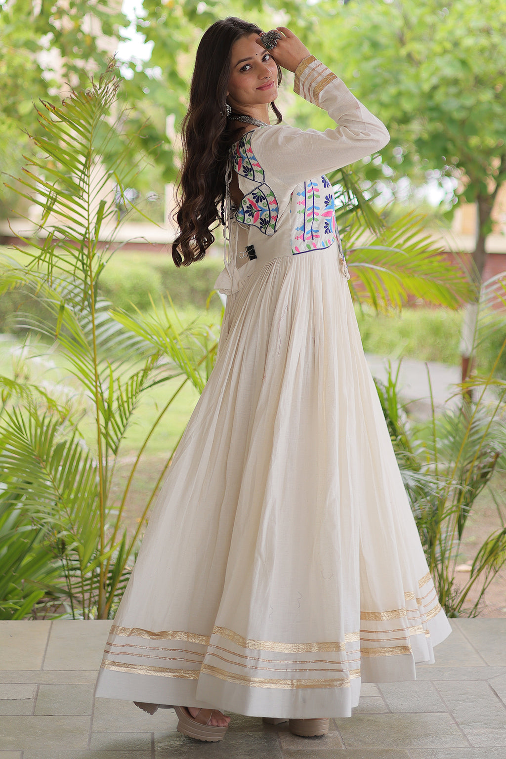 White Cotton Embroidered Anarkali Flared Kurti