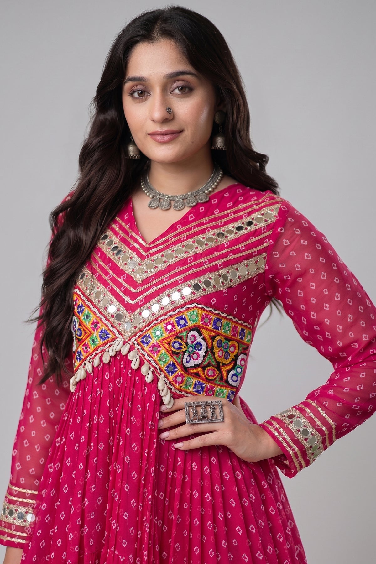 Pink Georgette Bandhej Printed Anarkali Kurti with Kachchi Work
