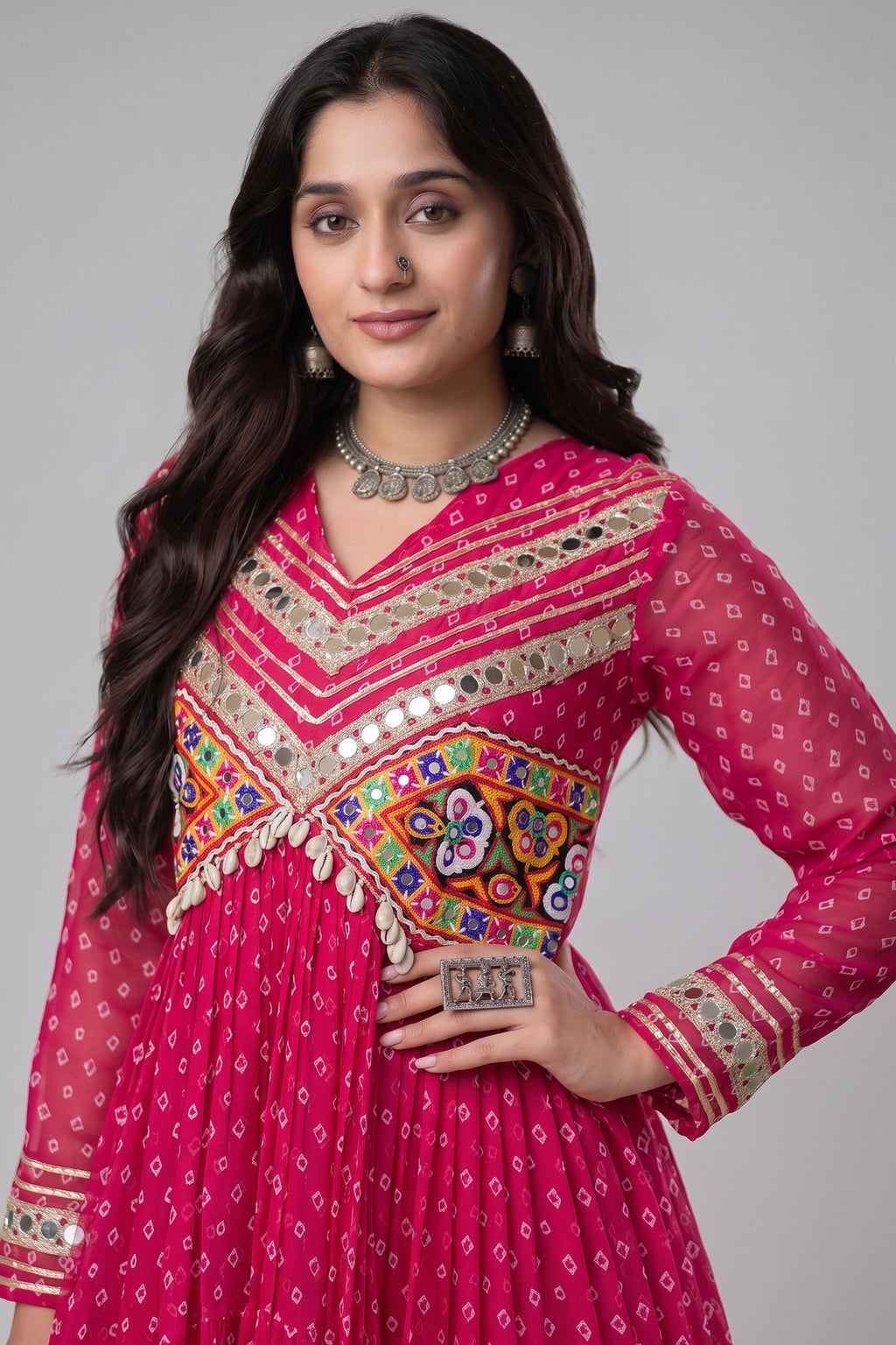 Pink Georgette Bandhej Printed Anarkali Kurti with Kachchi Work