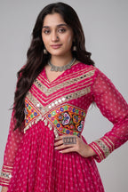 Pink Georgette Bandhej Printed Anarkali Kurti with Kachchi Work