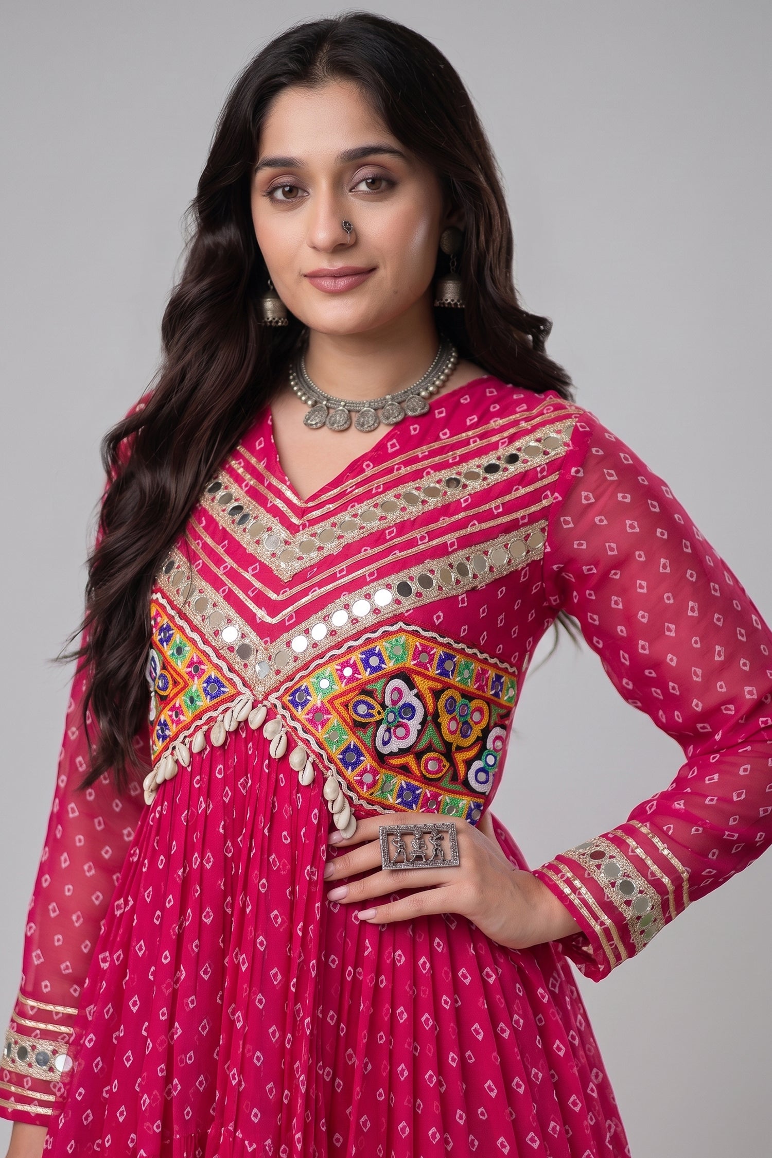 Pink Georgette Bandhej Printed Anarkali Kurti with Kachchi Work