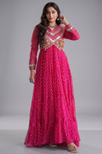 Pink Georgette Bandhej Printed Anarkali Kurti with Kachchi Work