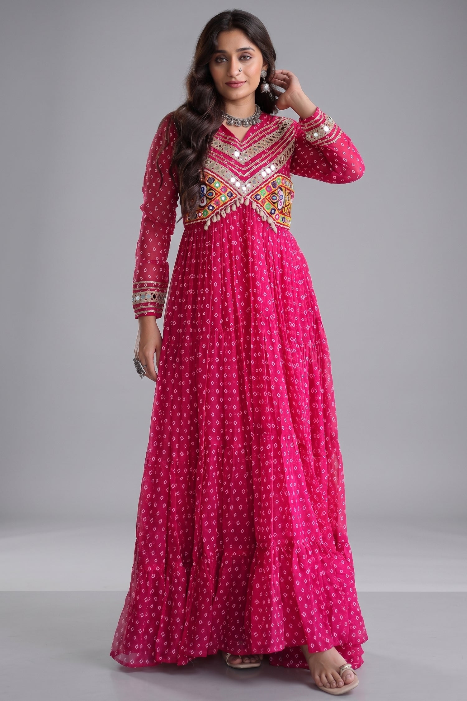 Pink Georgette Bandhej Printed Anarkali Kurti with Kachchi Work
