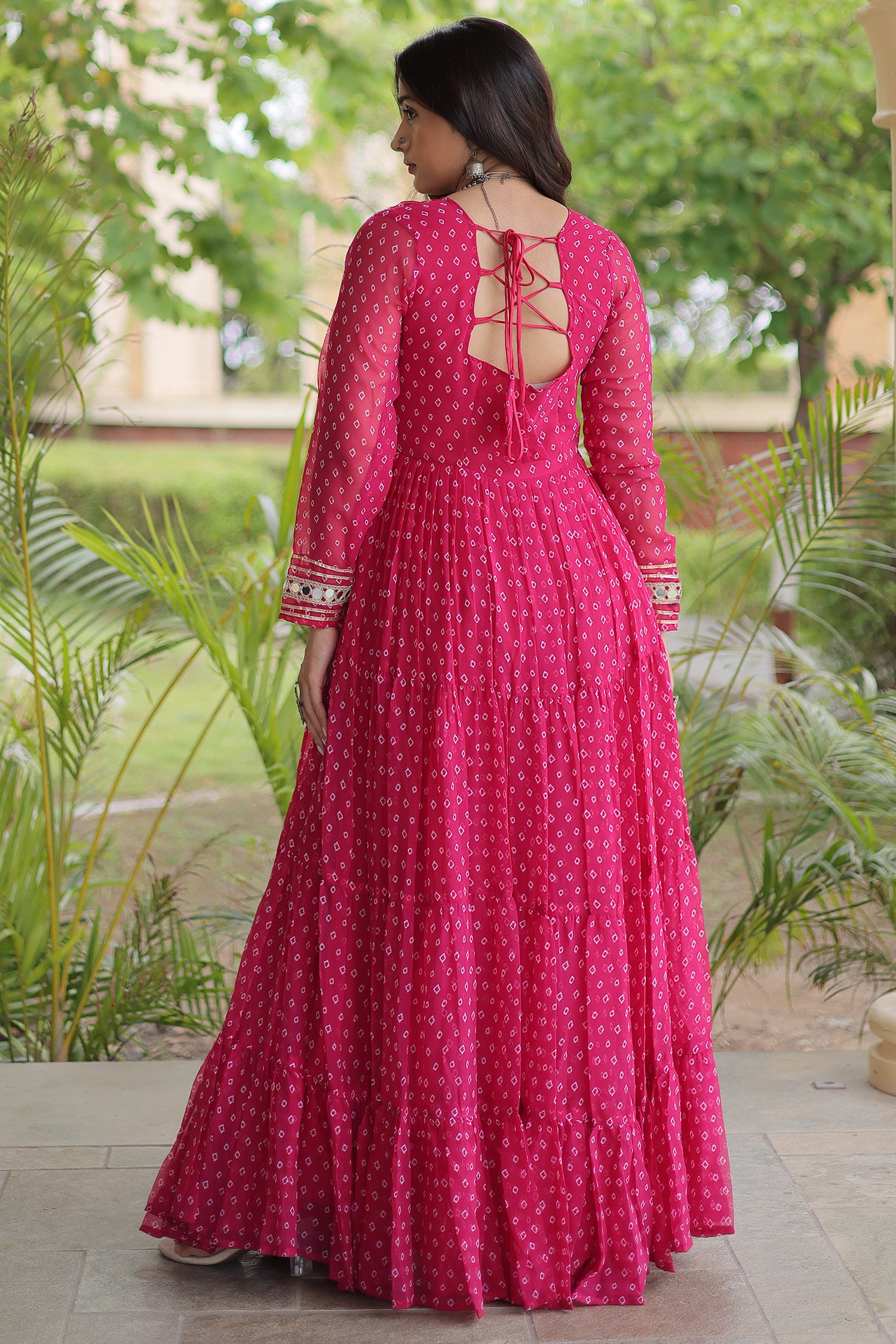 Pink Georgette Bandhej Printed Anarkali Kurti with Kachchi Work