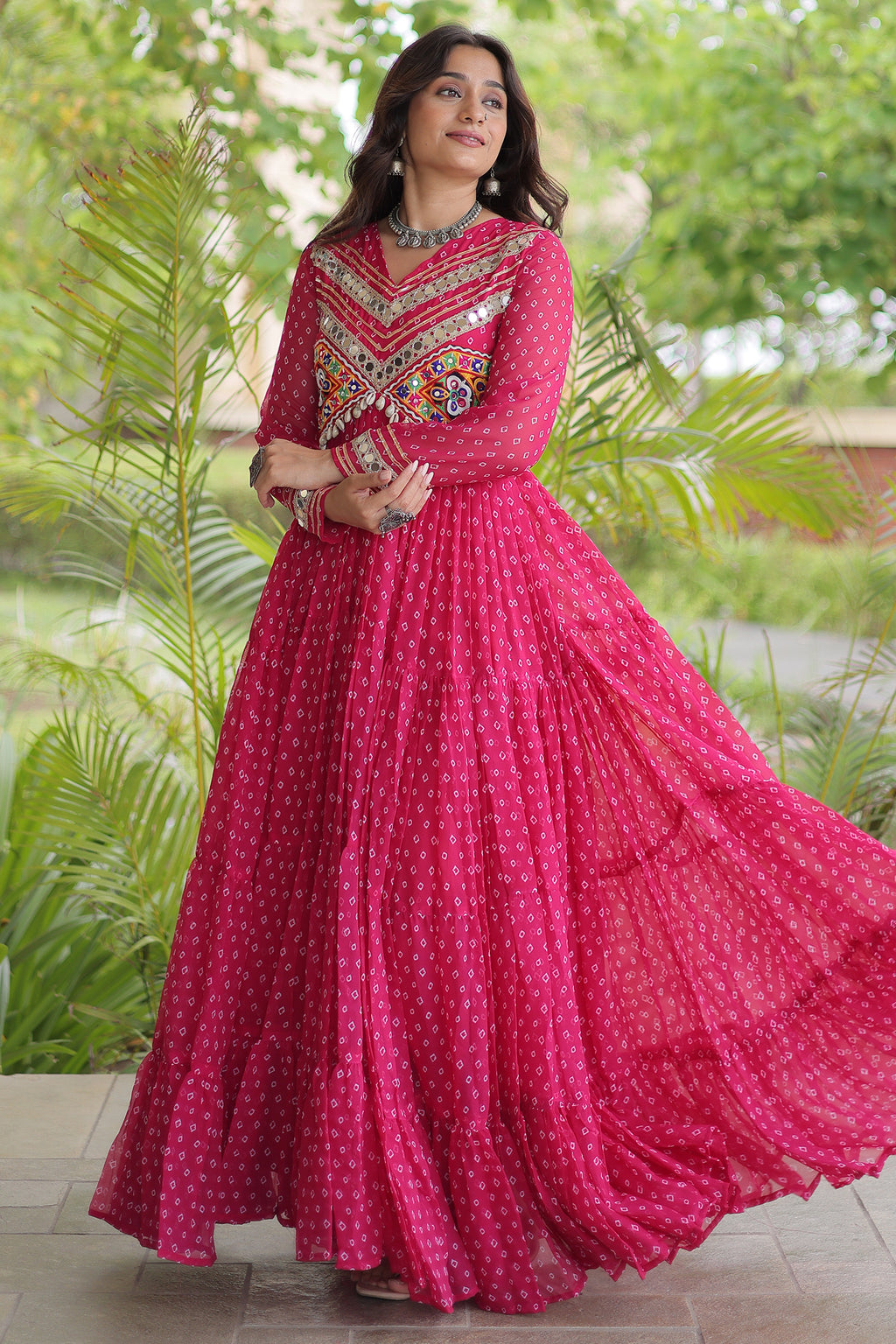 Pink Georgette Bandhej Printed Anarkali Kurti with Kachchi Work