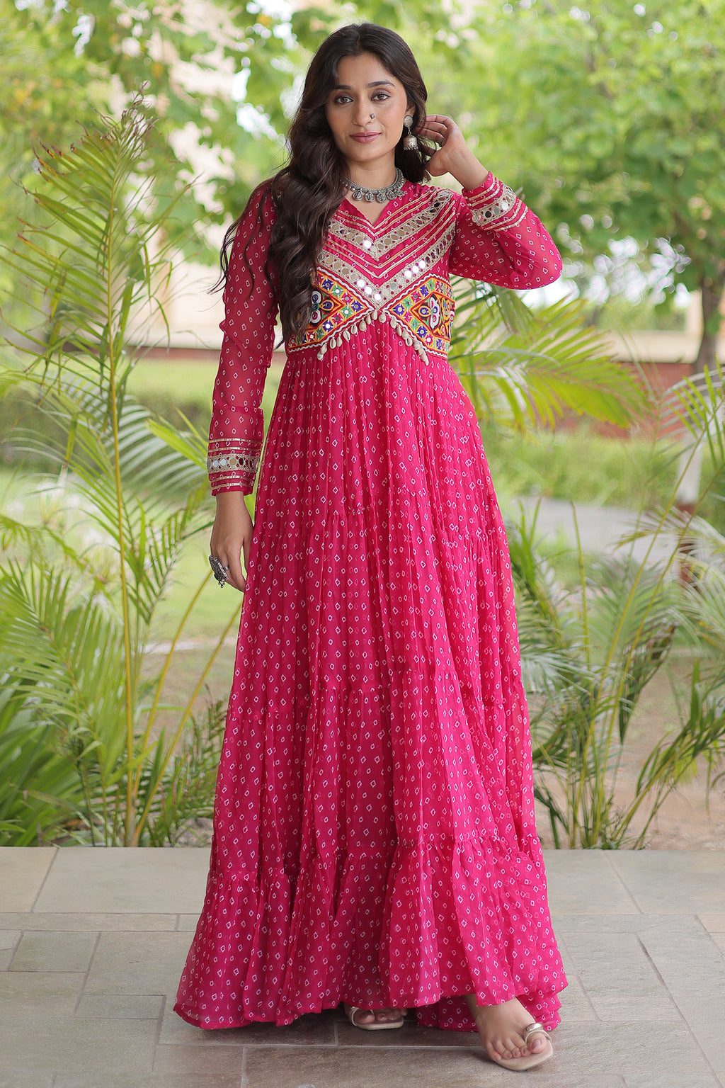 Pink Georgette Bandhej Printed Anarkali Kurti with Kachchi Work