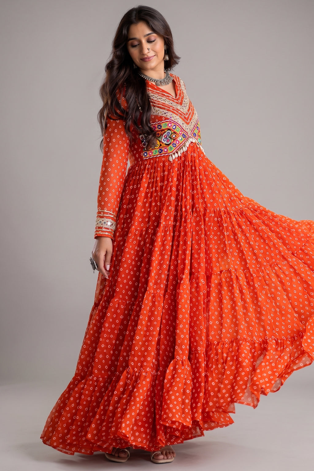 Orange Georgette Bandhej Printed Anarkali Kurti with Kachchi Work