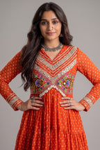 Orange Georgette Bandhej Printed Anarkali Kurti with Kachchi Work