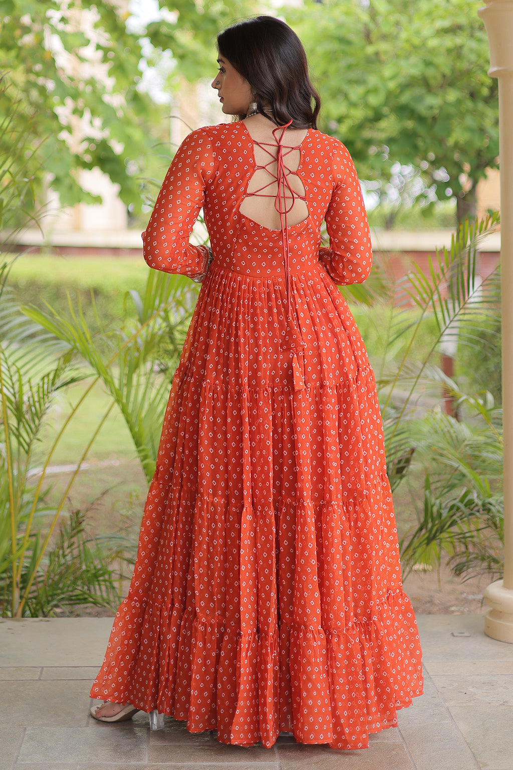 Orange Georgette Bandhej Printed Anarkali Kurti with Kachchi Work