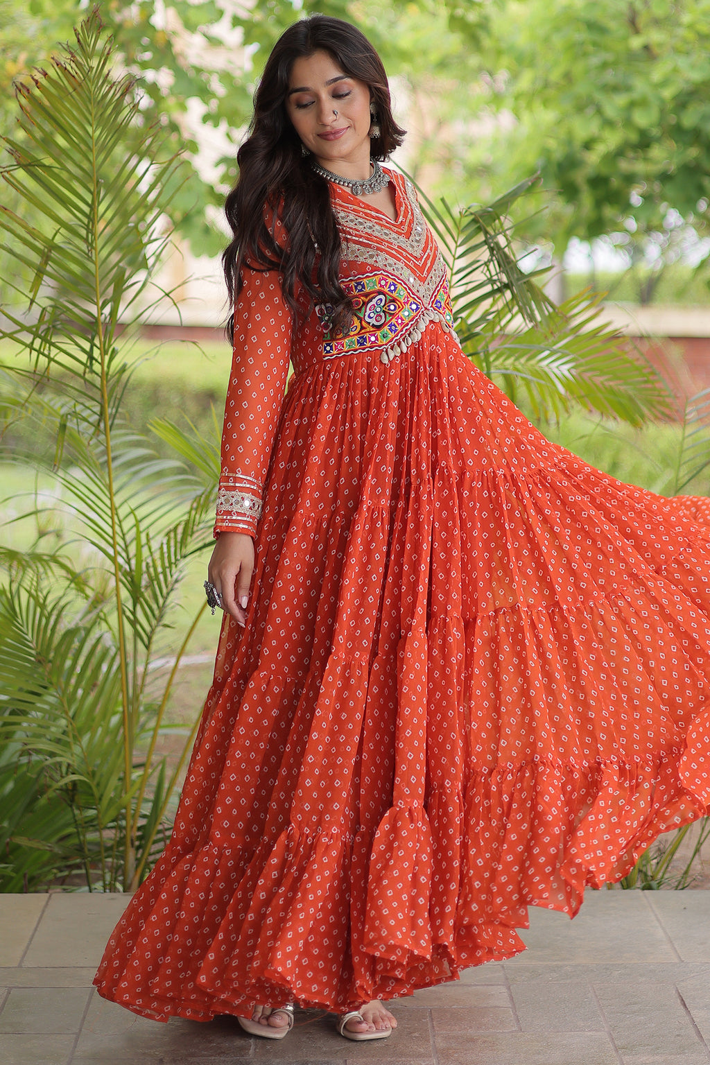 Orange Georgette Bandhej Printed Anarkali Kurti with Kachchi Work